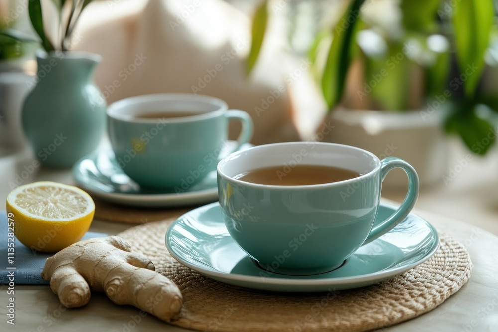 Refreshing Herbal Tea with Ginger and Lemon in Elegant Cups Surrounded by Natural Greenery, Perfect for a Cozy Morning Routine or Relaxing Afternoon Break Refreshing Herbal Tea with Ginger and Lemon in Elegant Cups Surrounded by Natural Greenery, Perfect for a Cozy Morning Routine or Relaxing Afternoon Break
