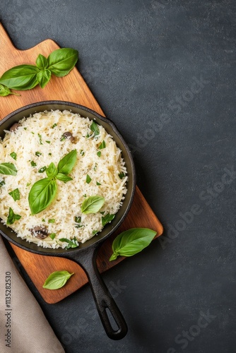 Delicious spaghetti with mushrooms and fresh basil served in a skillet