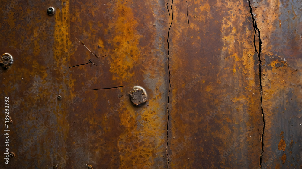 Fototapeta premium A close-up of rusted metal with scratches and orange-brown corrosion, creating an aged industrial feel.