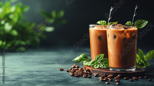 Delicious creamy iced coffee drinks served in clear glasses with coffee beans...
