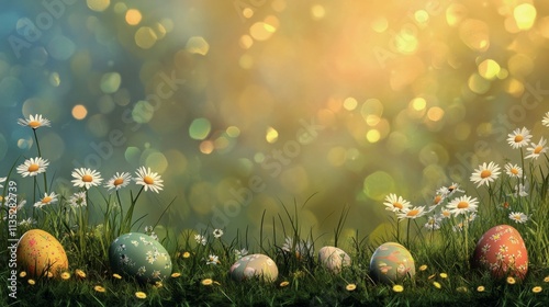 Colorful Easter eggs among blooming flowers in a vibrant spring landscape