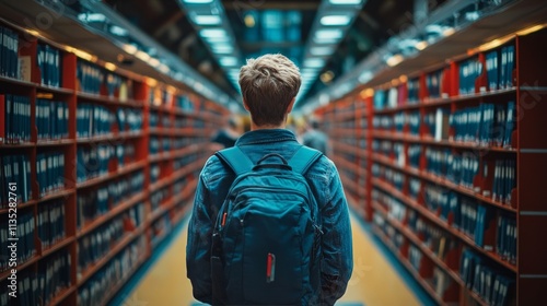 Student exploring library shelves while carrying backpack between rows of books