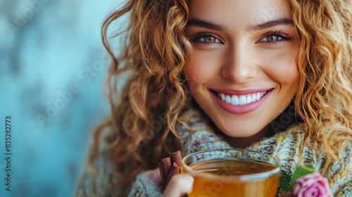Smiling young woman with curly hair enjoying a warm drink in a cozy setting