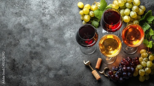 Four types of wine served in elegant glasses with fresh grapes on a textured ...