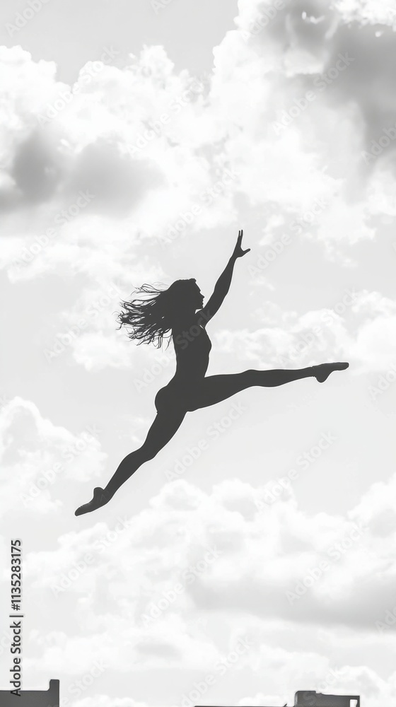 A silhouette of a dancer leaping gracefully against a cloudy sky. A silhouette of a dancer leaping gracefully against a cloudy sky.