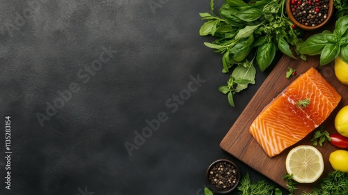 Freshly cut salmon fillet on a wooden board with herbs and lemon slices