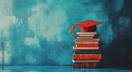 Graduation cap resting on stack of colorful books against teal wall in a stud...