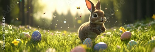 Cute bunny running joyfully among colorful Easter eggs in a sunny meadow