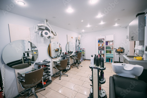 Modern interior of a hairdressing salon. Nobody. photo