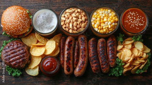 Delicious spread of grilled sausages, burger, snacks and drinks on rustic woo...
