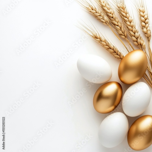Golden and white eggs with wheat on a clean white background for seasonal decor