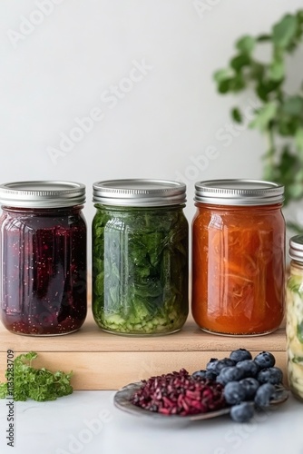 Colorful assortment of homemade pickled vegetables and fruits in jars on a ki...