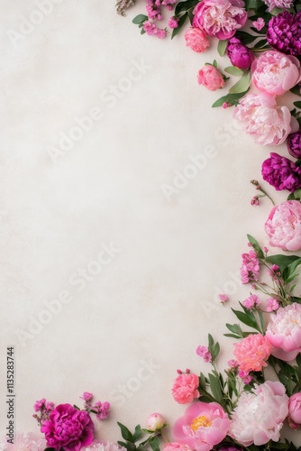 Floral arrangement with pink and purple flowers on a light background for dec...