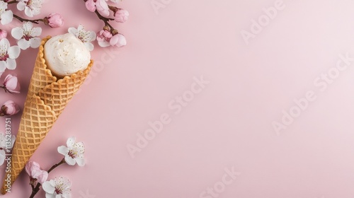 Delicious three scoop strawberry ice cream cones held in hands against a blue...