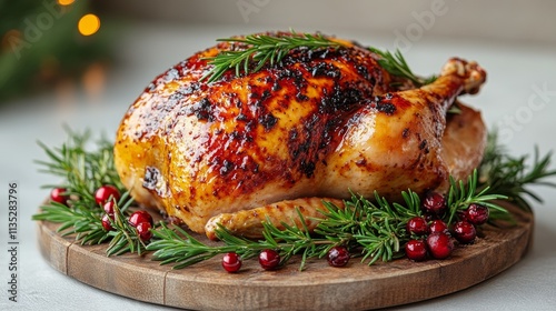 Roasted turkey garnished with greens and berries on a wooden platter ready for a festive meal photo