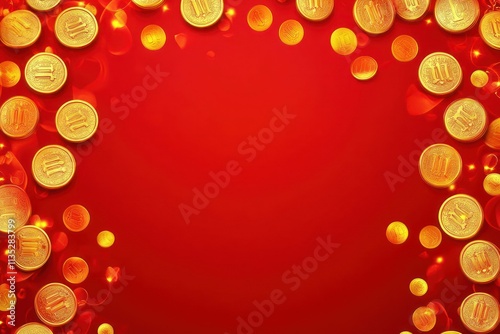 Festive Background with Golden Coins on Vibrant Red Surface Ideal for Holiday Celebrations, Financial Themes, and Promotional Marketing Material