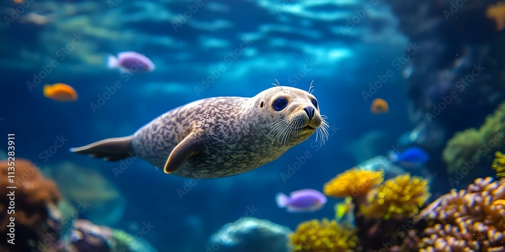 Fototapeta premium A curious seal swims underwater among colorful fish and vibrant coral. Concept Underwater Exploration, Curious Marine Life, Colorful Coral Reefs, Playful Seal Adventures, Vibrant Fish Species
