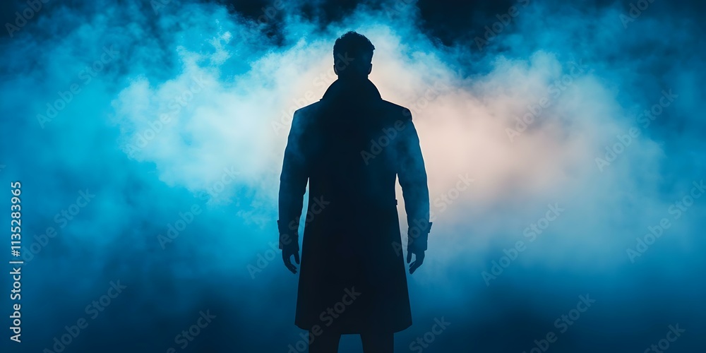 A figure in a long coat stands against a smoky, blue and white background, creating a dramatic silhouette effect. Concept Silhouette Photography, Dramatic Backdrops, Long Coat Fashion A figure in a long coat stands against a smoky, blue and white background, creating a dramatic silhouette effect. Concept Silhouette Photography, Dramatic Backdrops, Long Coat Fashion