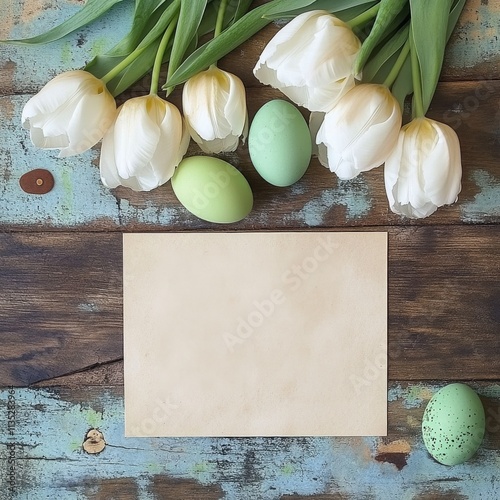 Beautiful spring arrangement with white tulips, decorative eggs, and blank ca...