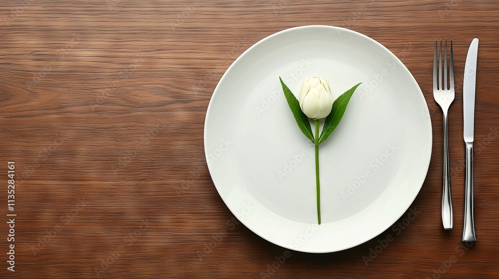 A Single White Tulip Gracefully Adorns a Place Setting A Single White Tulip Gracefully Adorns a Place Setting