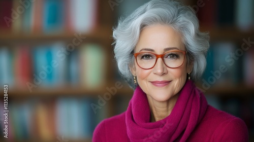 Elderly woman with glasses smiles warmly in front of a bookshelf in a cozy setting
