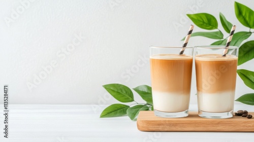 Chilled coffee drinks served with striped straws and coffee beans on a rustic...