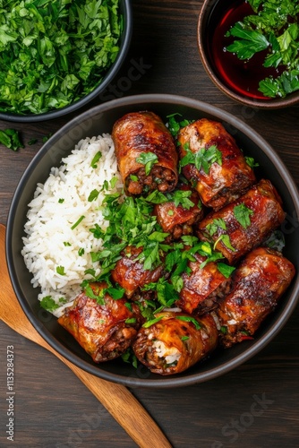 Savory rice rolls with herbs and dipping sauce in a rustic bowl