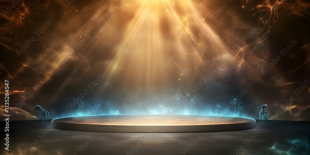 Obraz premium A mystical stage illuminated by radiant beams of light, surrounded by ethereal figures and cosmic elements. Concept Mystical Stage Design, Radiant Light Effects, Ethereal Figures, Cosmic Elements