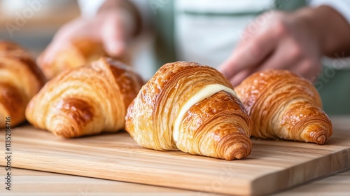 Freshly baked croissant with creamy filling on a wooden surface during daytim...