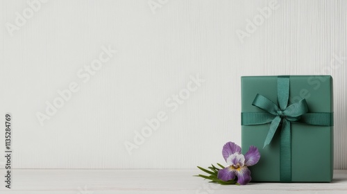 Beautifully wrapped gift with white flowers on a wooden surface