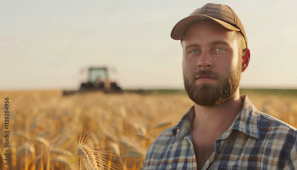 Agriculture. farmer working on a digital tablet in a field in the background tractor plows ground in a field of wheat. farming agriculture concept. business farmer in the field Agriculture. farmer working on a digital tablet in a field in the background tractor plows ground in a field of wheat. farming agriculture concept. business farmer in the field