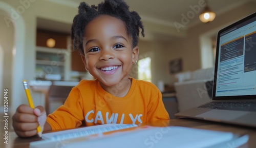 Child engaged in learning with a big smile while studying at home