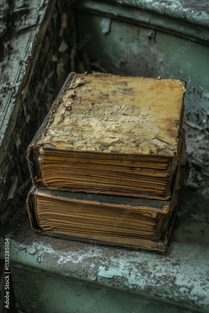 Two aged, decaying books rest on a weathered surface. Two aged, decaying books rest on a weathered surface.