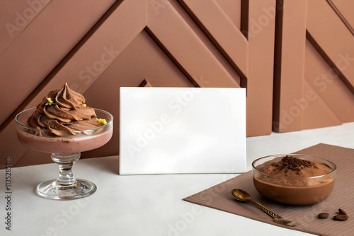 Two elegant chocolate desserts, one whipped and one dusted with cocoa, are displayed with a blank white card against a geometric brown backdrop. Ideal for menu or dessert promotion. Mocha color mockup