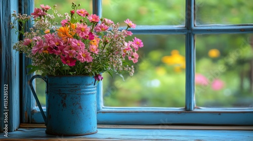 Colorful flower arrangement in a vintage watering can on a cozy window sill