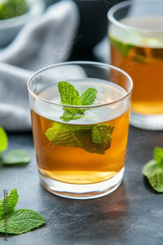 Refreshing mint drinks served in glasses with ice on a dark background