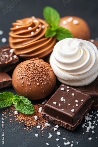 Delightful chocolate and caramel cakes topped with mint garnish and sprinkled...