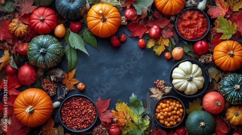 Autumn table setting with pumpkins and autumn leaves for a festive gathering