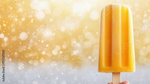 Smiling person enjoying a refreshing yellow popsicle during warm summer day