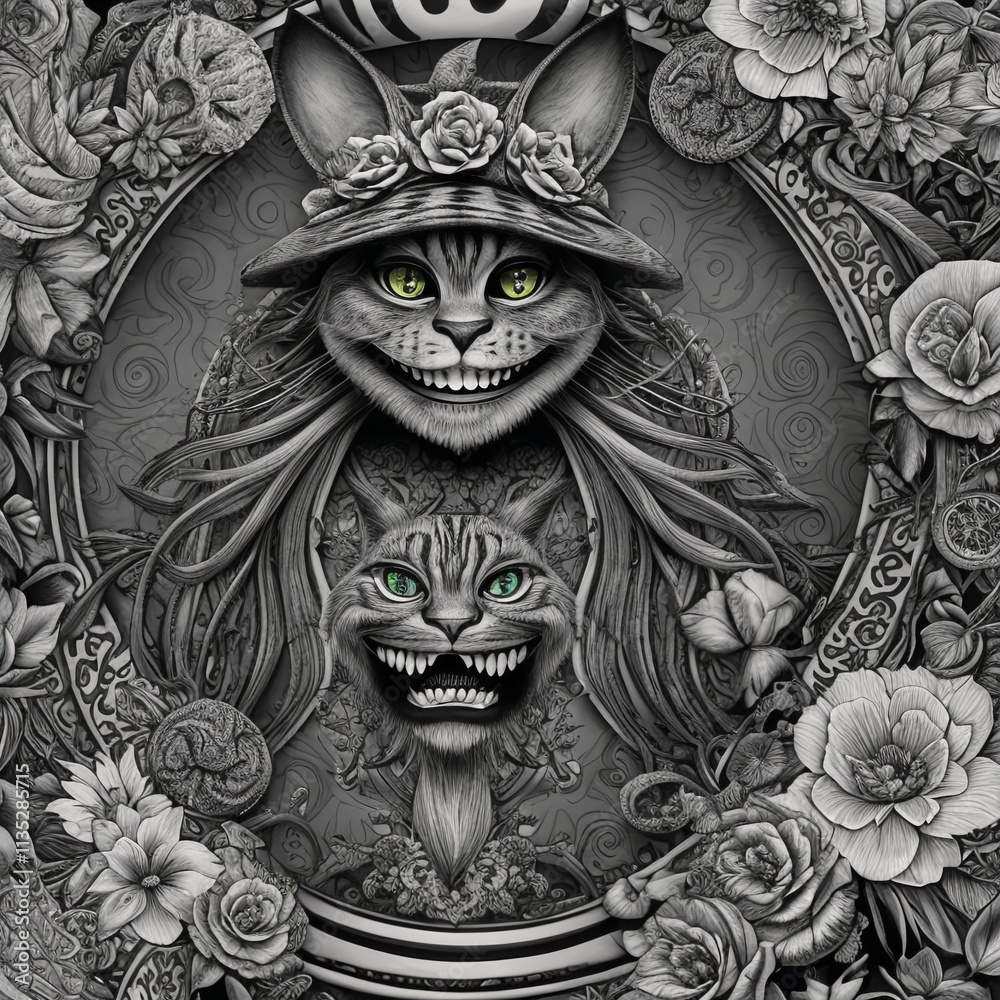 Obraz premium Cheshire Cat inspired line art, ink art for tattoo or print in fine detail and high quality.
