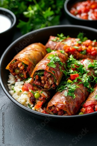 Savory rice rolls with herbs and dipping sauce in a rustic bowl