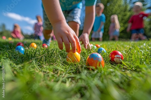 Child enjoying an outdoor Easter egg hunt during a sunny spring afternoon