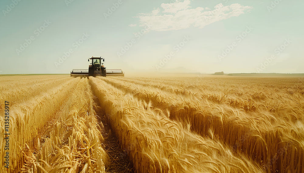 Fototapeta premium Agriculture. farmer working on a digital tablet in a field in the background tractor plows ground in a field of wheat. farming agriculture concept. business farmer in the field