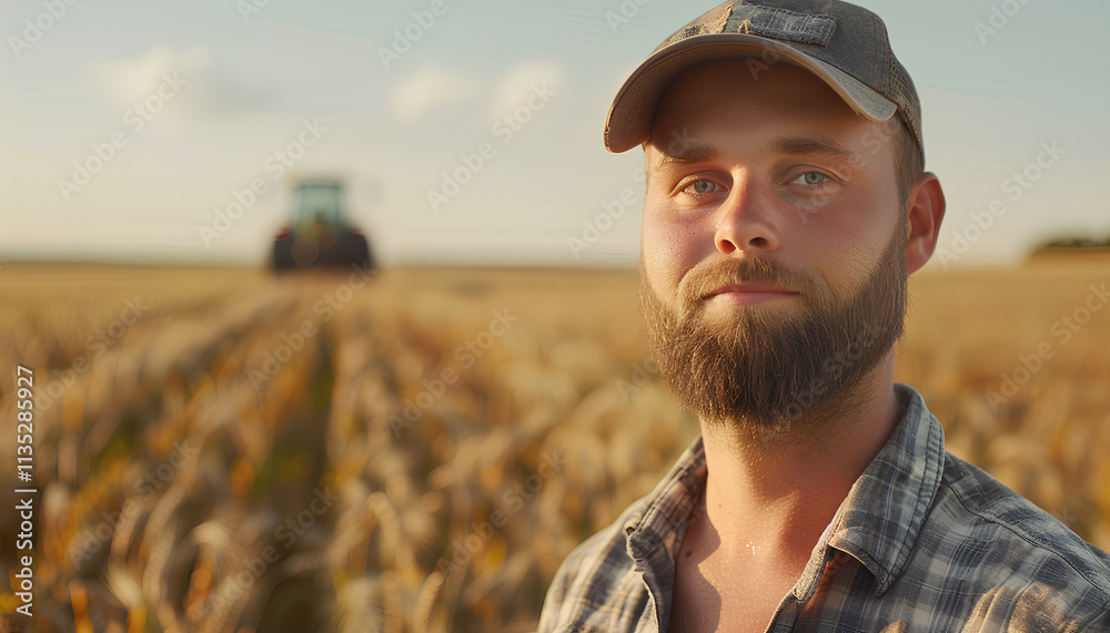 Agriculture. farmer working on a digital tablet in a field in the background tractor plows ground in a field of wheat. farming agriculture concept. business farmer in the field Agriculture. farmer working on a digital tablet in a field in the background tractor plows ground in a field of wheat. farming agriculture concept. business farmer in the field