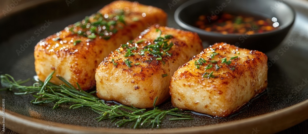 Pan-fried cheese cubes with herbs and spicy sauce. Pan-fried cheese cubes with herbs and spicy sauce.