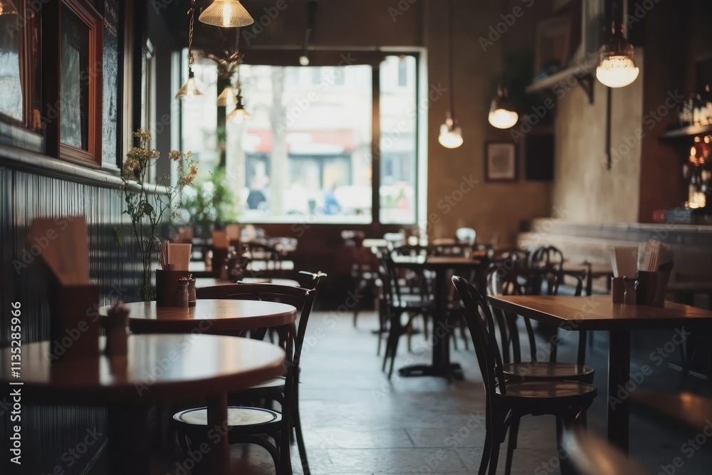 Obraz premium Cozy and Charming Restaurant Interior with Wooden Tables and Soft Lighting, Perfect for Dining or Cafe Atmosphere in Urban Setting