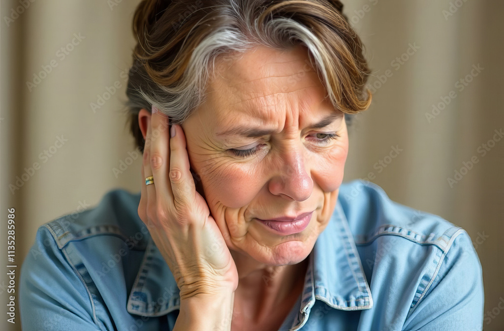 Depressed older woman in pain holding head with hand touching temples. Stress mental health hormonal imbalance. Concept of women feeling unwell during menopause. Copy-space. Depressed older woman in pain holding head with hand touching temples. Stress mental health hormonal imbalance. Concept of women feeling unwell during menopause. Copy-space.