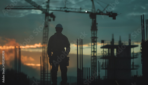 Silhouette man engineer looking for builder on construction site over blurred builder on construction site