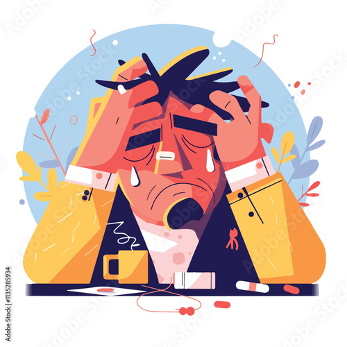 Illustration of a person with a severe headache. Animation and motion graphics in vector format.