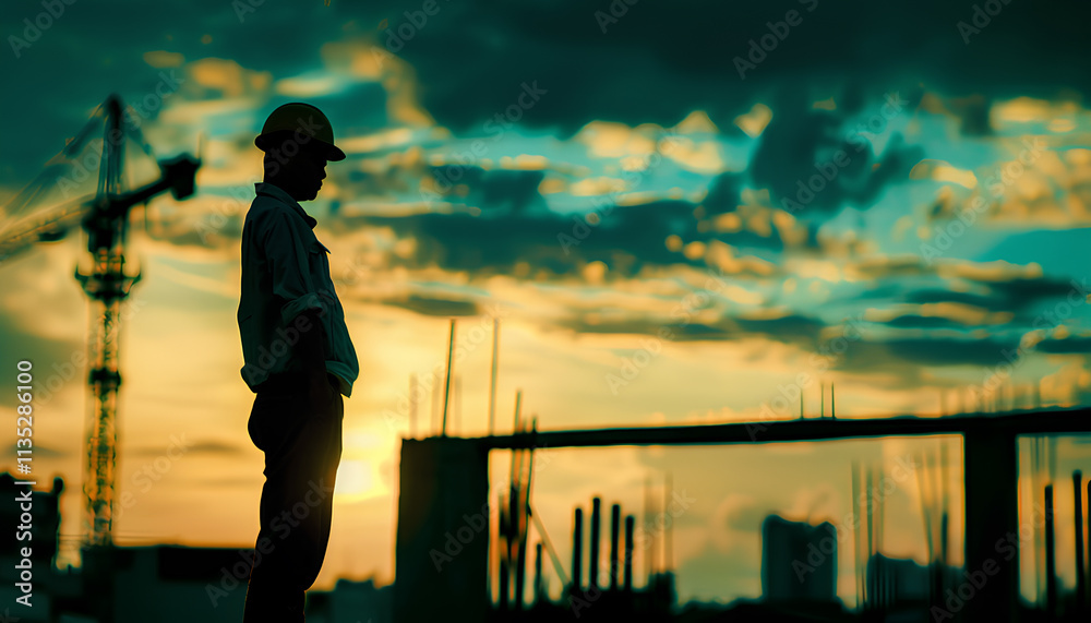 Fototapeta premium Silhouette man engineer looking for builder on construction site over blurred builder on construction site